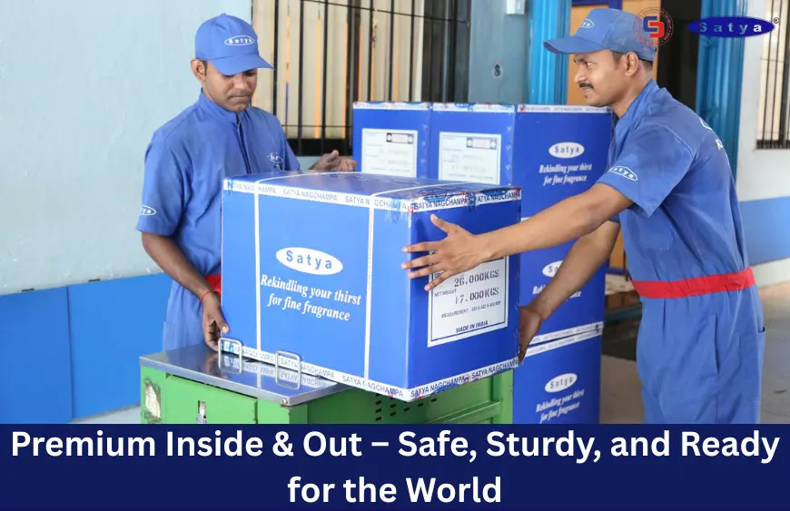 Satya Incense workers handling branded blue export cartons labeled 'Rekindling your thirst for fine fragrance.' Emphasizing secure, high-quality packaging for global distribution.