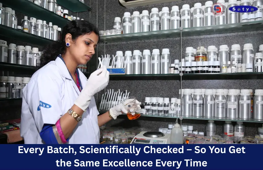 Satya Incense lab technician conducting fragrance quality testing in a laboratory filled with essential oil containers, ensuring consistent product standards.