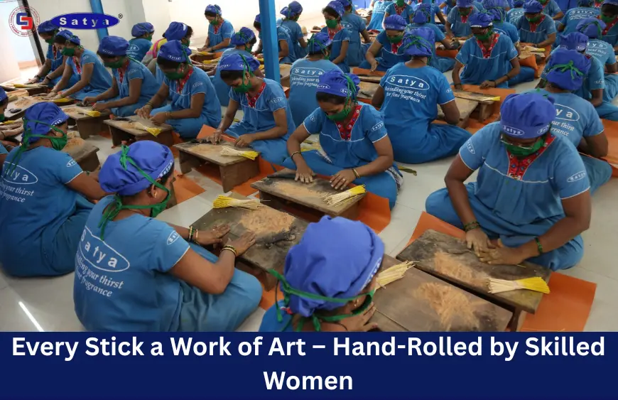Satya Incense craftswomen hand-rolling incense sticks with care and expertise in a production facility, showcasing traditional methods and skilled artistry.